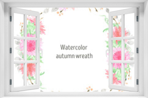 Fototapeta Naklejka Na Ścianę Okno 3D - Watercolor autumn wreath, harvest, autumn, pumpkin garden, autumn flowers. Thanksgiving day, Halloween. Autumn wedding. Fall illustration. Fall baby shower. Аautumn bouquet, sunflowers, dahlias, autum