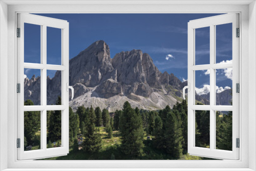 Peitlerkofel/Sass de Putia mountain with its two summits, Putia Grande and Putia Piccolo, as seen from Passo Delle Erbe (Erbe pass), Dolomites, South Tyrol, Italy.