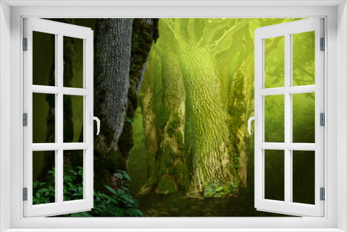 Fototapeta Naklejka Na Ścianę Okno 3D - Mysterious fantasy forest with old mossy trees and magical light