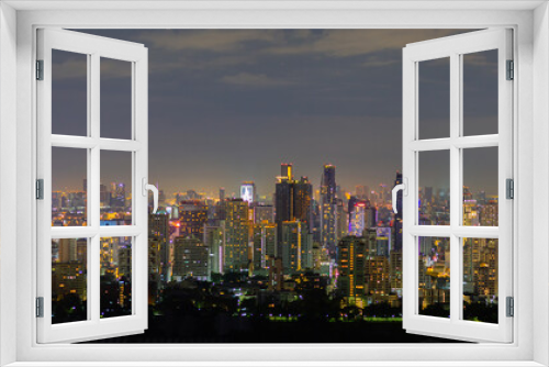 Fototapeta Naklejka Na Ścianę Okno 3D - Panorama of cityscape in the night at Bangkok , Thailand. Beautiful building with lighting in the evening at Thailand.
