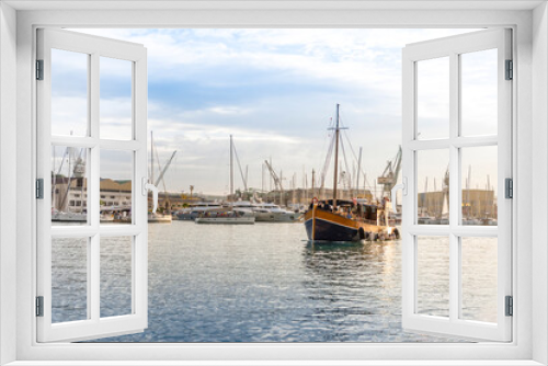 Fototapeta Naklejka Na Ścianę Okno 3D - Entrance of the wooden sailing touristic ship in the bay of Trogir, Croatia