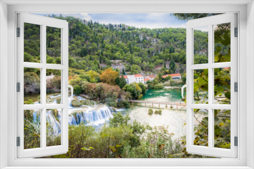 Fototapeta Naklejka Na Ścianę Okno 3D - Utility houses, bridge and waterfall in Krka National Park in Croatia