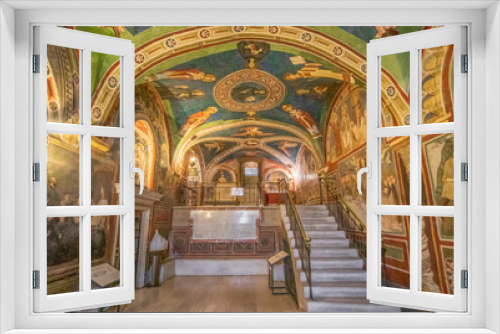 Subiaco, Italy - main sight of Subiaco and one of the most beautiful Benedictine monasteries in the World, the Sacro Speco Monastery displays amazing frescoes. Here in particular its interiors