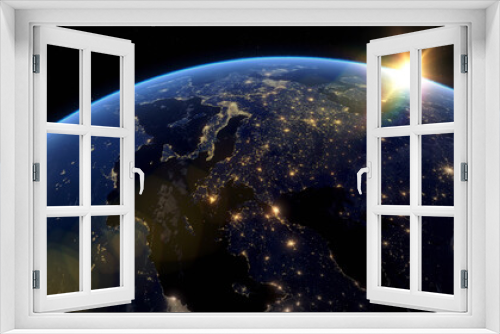 Fototapeta Naklejka Na Ścianę Okno 3D - Beautiful Sunset over Europe. City Lights at Night. Planet Earth from Space. View from Space Satellite. 3D Rendering. Images from NASA.