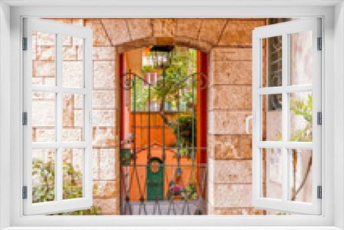 Fototapeta Naklejka Na Ścianę Okno 3D - vintage house front entrance metallic railings door, Rome Italy
