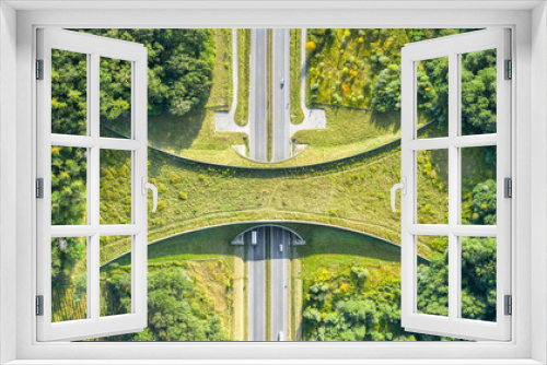 Fototapeta Naklejka Na Ścianę Okno 3D - Aerial top down view of ecoduct or wildlife crossing - vegetation covered bridge over a motorway that allows wildlife to safely cross over