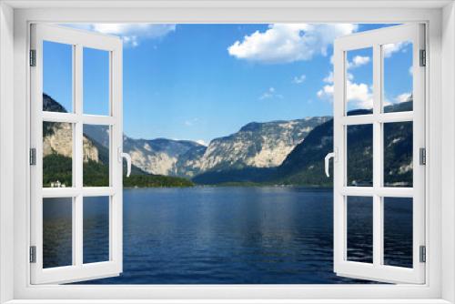 Fototapeta Naklejka Na Ścianę Okno 3D - landscape of lake and mountains against blue sky at sunny day in Hallstatt Upper Austria