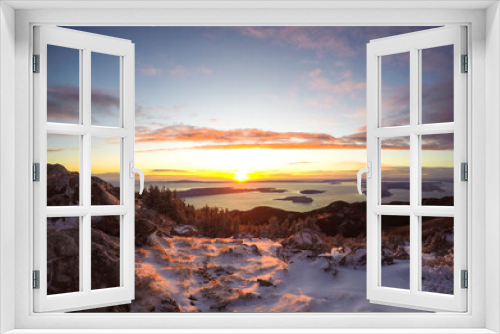 Fototapeta Naklejka Na Ścianę Okno 3D - ZAVIZAN - 26.09.2020. Early snow in the Northern Velebit National park in Croatia. Beautiful sunset and view of the Adriatic sea