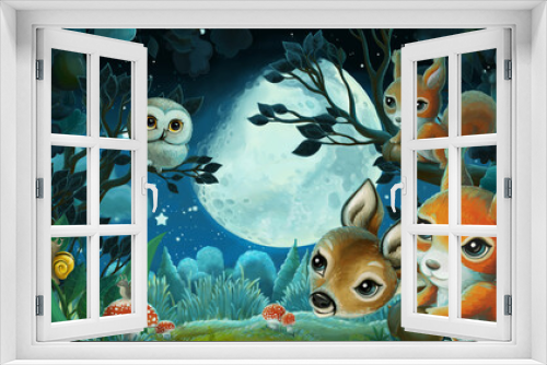 Fototapeta Naklejka Na Ścianę Okno 3D - cartoon image with forest animals by night squirrel fox owl deer - illustration