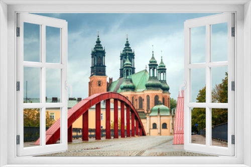 Fototapeta Naklejka Na Ścianę Okno 3D - The Red Bridge to Tumskiy Island, view in rainy day: Poznan / Poland - September 28, 2020