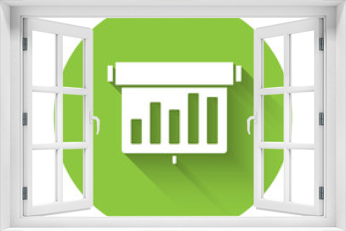 Fototapeta Naklejka Na Ścianę Okno 3D - White Board with graph chart icon isolated with long shadow. Report text file icon. Accounting sign. Audit, analysis, planning. Green circle button. Vector.