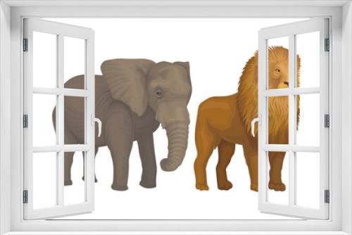 Fototapeta Naklejka Na Ścianę Okno 3D - Elephant with Long Trunk and Lion with Mane as African Animal Vector Set