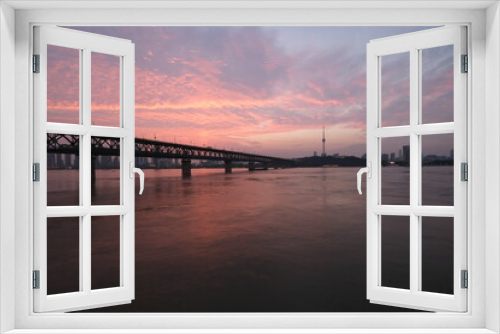 Fototapeta Naklejka Na Ścianę Okno 3D - sunset of Wuhan Yangtze River Bridge. landmark of Wuhan,Hubei,China. Beautiful sunset clouds in sky