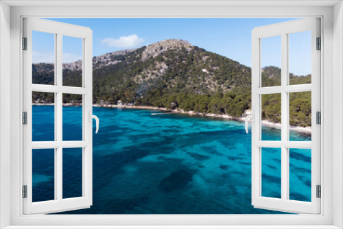 Fototapeta Naklejka Na Ścianę Okno 3D - Aerial drone view, beautiful scenic landscape view of mountains and blue crystal clear water on  the shore of Mallorca Island, Balearic Island, Spain