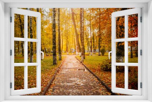 Fototapeta Naklejka Na Ścianę Okno 3D - Beautiful autumn park, paths among yellow trees in the sunshine
