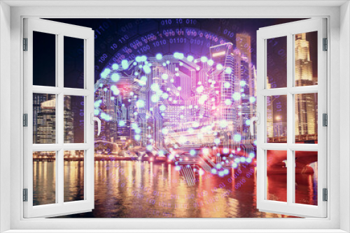 Fototapeta Naklejka Na Ścianę Okno 3D - Brain hologram drawing on city scape background Double exposure. Brainstorming concept.