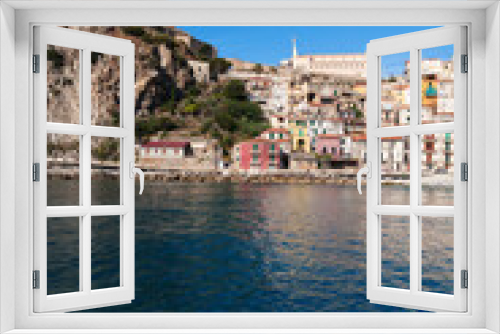 View of the village from the sea with the castle of Ruffo di Calabria, Scilla, district of Reggio Calabria, Calabria, Italy, Europe