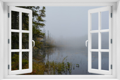 Fototapeta Naklejka Na Ścianę Okno 3D - Autumn Photo of a lake and forest on a foggy morning