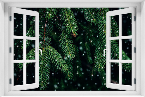 Fototapeta Naklejka Na Ścianę Okno 3D - Fir tree branches and snowfall. Christmas Holidays Background Winter concept