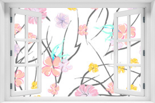 Fototapeta Naklejka Na Ścianę Okno 3D - Pink Flowers Blooming Pattern. Pastel Watercolor.