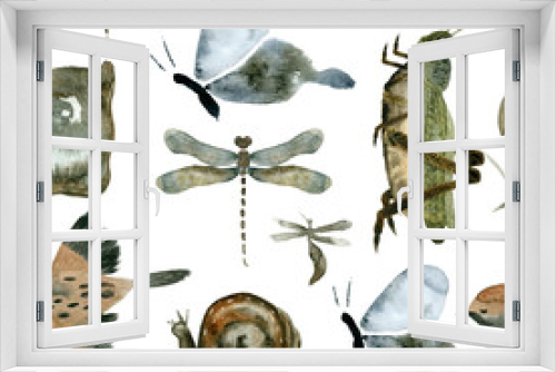 Fototapeta Naklejka Na Ścianę Okno 3D - Oriental japan vintage magic watercolor seamless pattern with cicada, grasshopper, goby, dragonfly, bird, snail muted vintage taupe colors.
