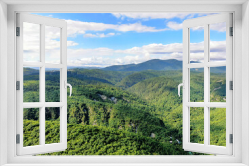 Fototapeta Naklejka Na Ścianę Okno 3D - Peaceful romantic green hills and cloudy sky landscape