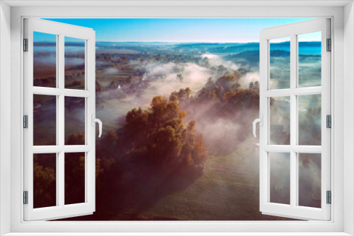 Fototapeta Naklejka Na Ścianę Okno 3D - Aerial view of forest at sunny morning with fog