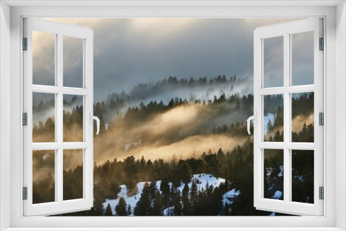 Fototapeta Naklejka Na Ścianę Okno 3D - Snowy winter landscape with clouds passing between pine trees in sunset light