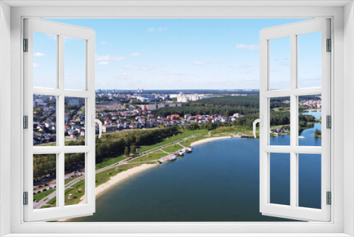 Fototapeta Naklejka Na Ścianę Okno 3D - Top view of a beautiful city summer park with a lake and an embankment. 
