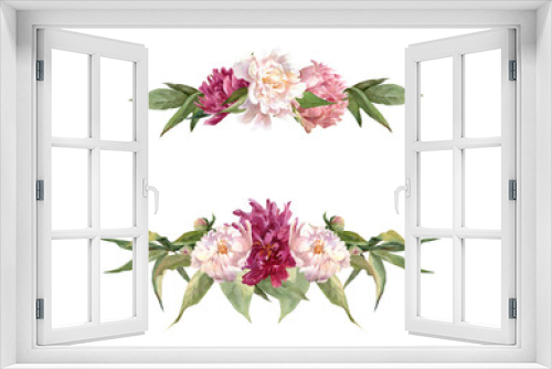 Fototapeta Naklejka Na Ścianę Okno 3D - watercolor flower arrangement, frame, wreath with flowers and leaves of peonies