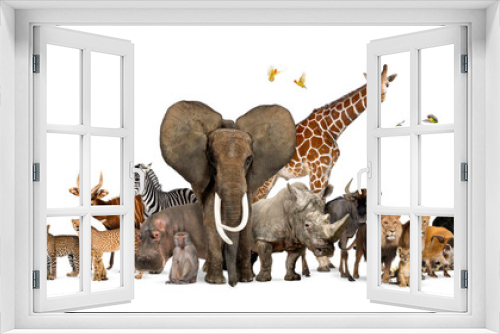 Fototapeta Naklejka Na Ścianę Okno 3D - Large group of African fauna, safari wildlife animals together, in a row, isolated