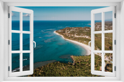 Fototapeta Naklejka Na Ścianę Okno 3D - Aerial drone panoramic view of the paradise beach with sandy and rocky shore, palm trees and blue water of Atlantic Ocean, Las Terrenas, Samana, Dominican Republic