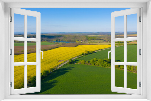 Fototapeta Naklejka Na Ścianę Okno 3D - Notincs, Hungary - Aerial view of cultivated blooming canola field at countryside with tiny lake at the background and beautiful spring colors. 