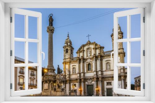 Fototapeta Naklejka Na Ścianę Okno 3D - Church of San Domenico (Chiesa di San Domenico, 1640) and Column of Immaculate Conception (1728) in middle of San Domenico square. Palermo, Sicily, Italy.