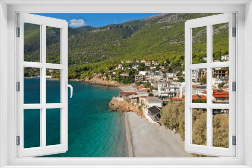 Fototapeta Naklejka Na Ścianę Okno 3D - Aerial drone photo of beautiful seaside village and turquoise beach of Porto Germeno, Corinthian gulf, West Attica, Greece