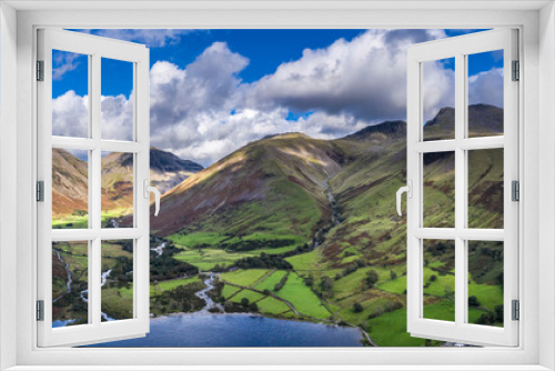 Fototapeta Naklejka Na Ścianę Okno 3D - Beautiful drone view over Lake District landscape in late Summer, in Wast Water valley with mountain views and dramatic sky