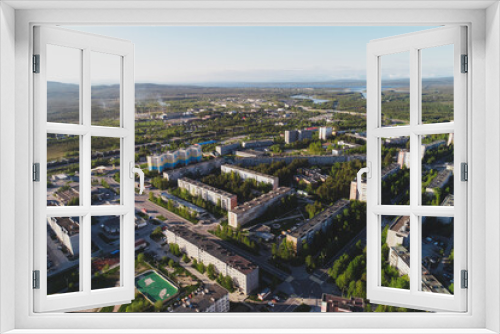 Fototapeta Naklejka Na Ścianę Okno 3D - Aerial Townscape of Town Poliarnye Zori located in Northwestern Russia