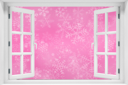 Christmas banner of snowflakes of different shapes, sizes and transparency on pink background