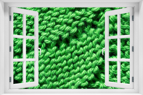 Fototapeta Naklejka Na Ścianę Okno 3D - Full frame macro art abstract view of a green crocheted yarn doily texture on a dark blue background, with copy space.