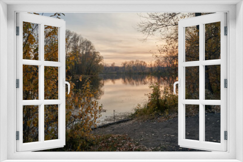 Fototapeta Naklejka Na Ścianę Okno 3D - Autumn view of the lake, in the forest with Golden leaves . Autumn time in the forest. Autumn.
