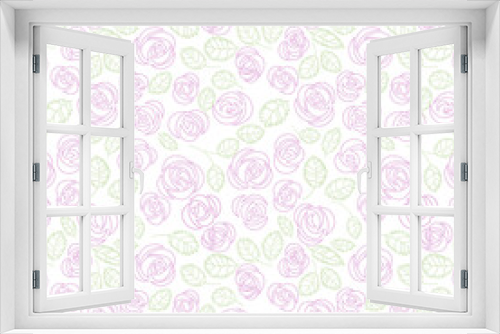 seamless pattern with pink roses and green leaves, floral wallpaper, linen flowers on white background