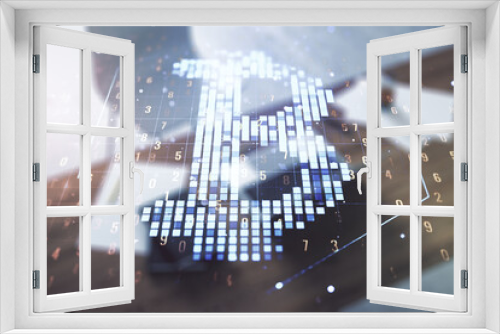 Double exposure of creative Bitcoin symbol hologram and modern desk with computer on background. Mining and blockchain concept