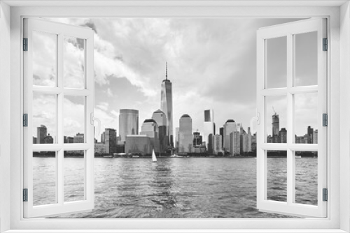 Fototapeta Naklejka Na Ścianę Okno 3D - Black and white panoramic picture of New York City Hudson River waterfront, USA.
