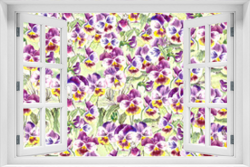 Fototapeta Naklejka Na Ścianę Okno 3D - Seamless pattern with viola flowers and green leaves. Ideal design of interior textile, clothes on Victorian style. Hand painted watercolor painting on paper. 