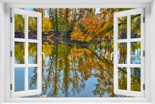 Fototapeta Naklejka Na Ścianę Okno 3D - Golden autumn on lakeside - picturesque fall landscape near lake
