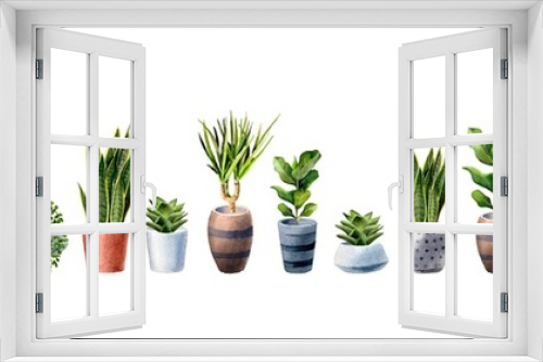 Fototapeta Naklejka Na Ścianę Okno 3D - Watercolor seamless pattern of home plants in pots. Hand painted house green flowers perfect for textile, paper and other print and web projects.