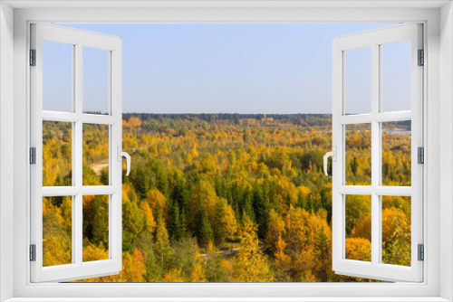 Beautiful view of the autumn forest. Yellow, red, green trees. View from above.