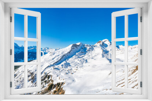 Fototapeta Naklejka Na Ścianę Okno 3D - Wide panoramic view of winter landscape in Swiss Alps on the First mountain in Grindelwald, Switzerland