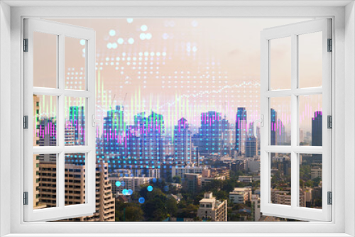 Fototapeta Naklejka Na Ścianę Okno 3D - Financial stock chart hologram over panorama city view of Bangkok, business center in Asia. The concept of international transactions. Double exposure.