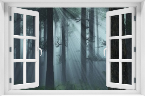 Fototapeta Naklejka Na Ścianę Okno 3D - Trees in the fog. The smoke in the forest in the morning. A misty morning among the trees. 3D rendering	